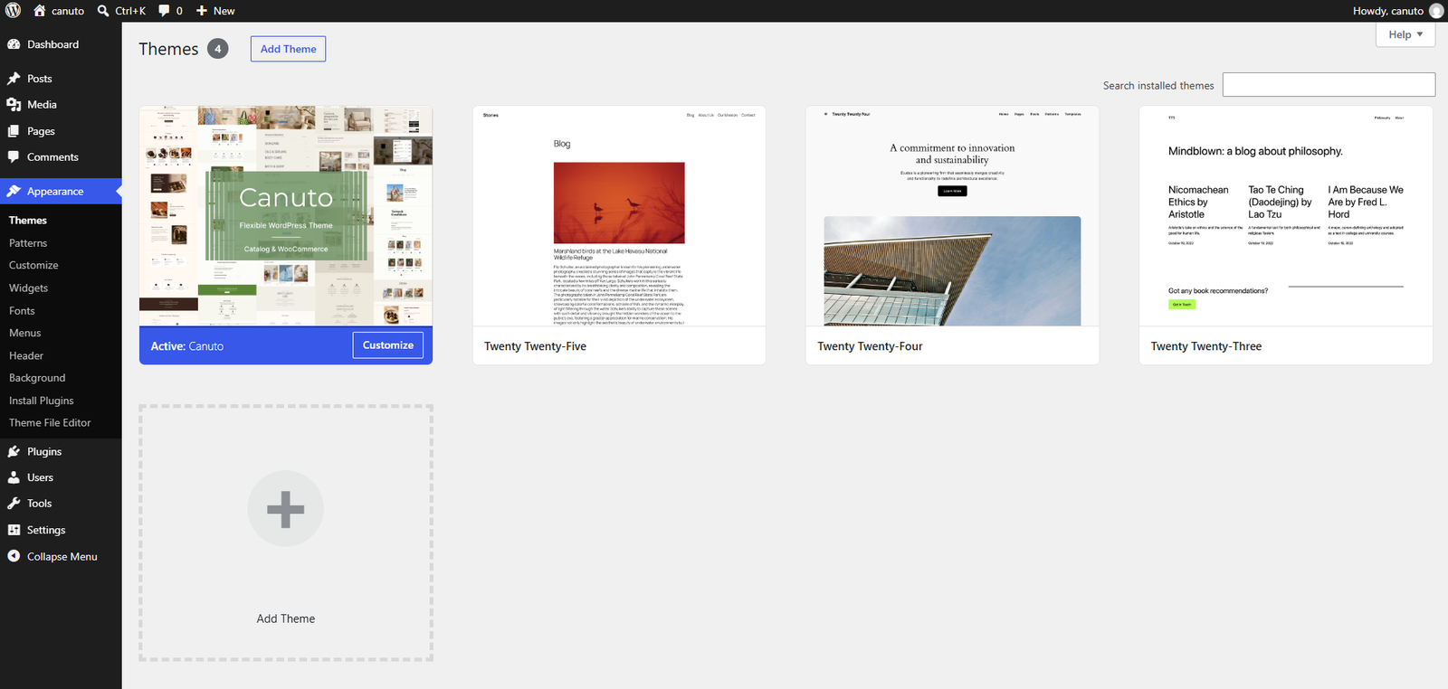 WordPress Themes screen showing Canuto as the active theme