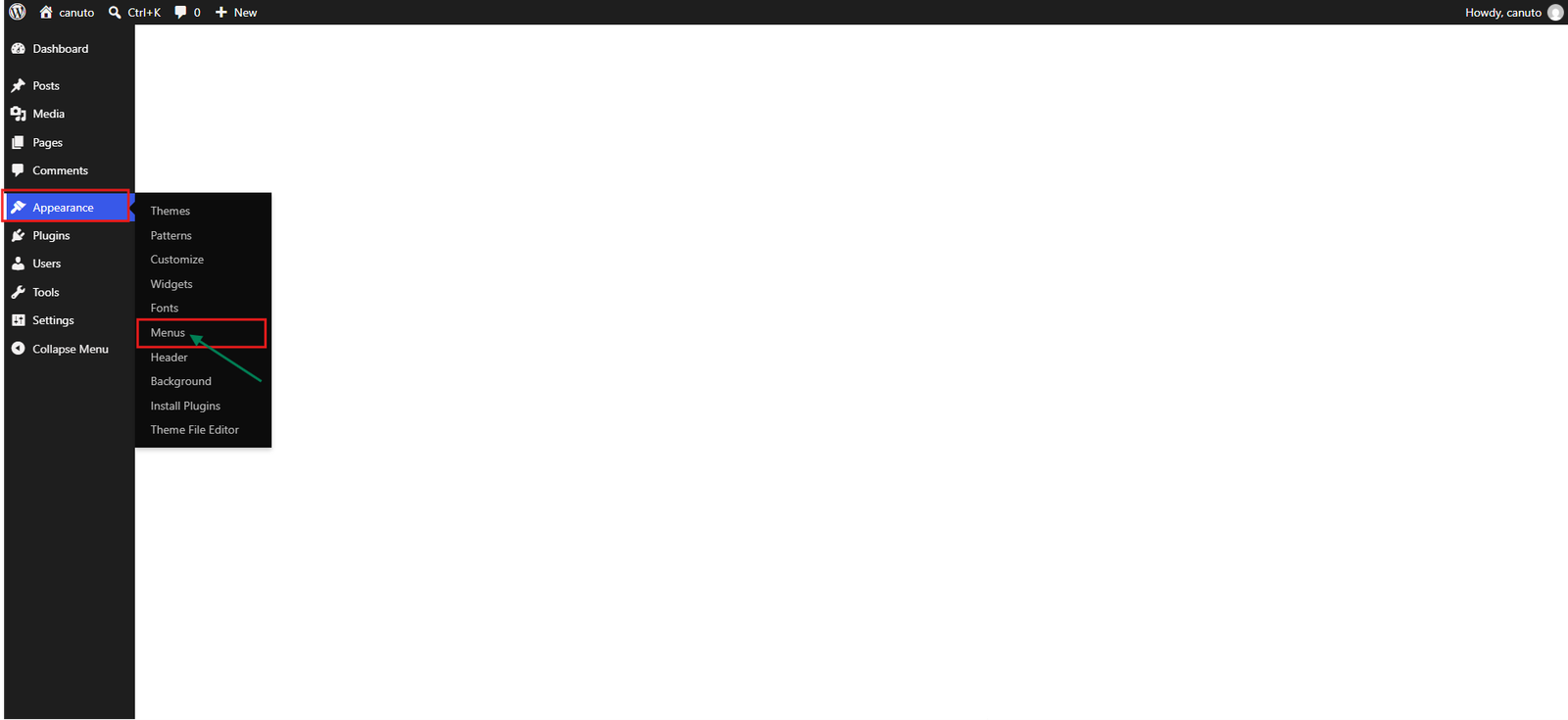 WordPress Appearance menu with Menus highlighted