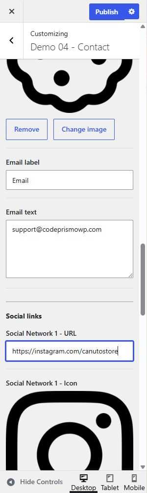 Canuto Contact section showing the Social links controls