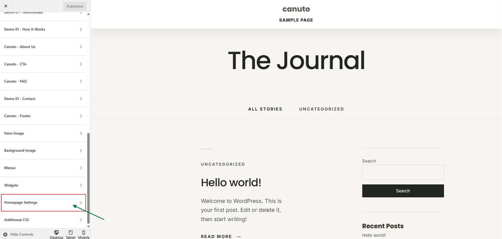 WordPress Customizer with Homepage Settings highlighted