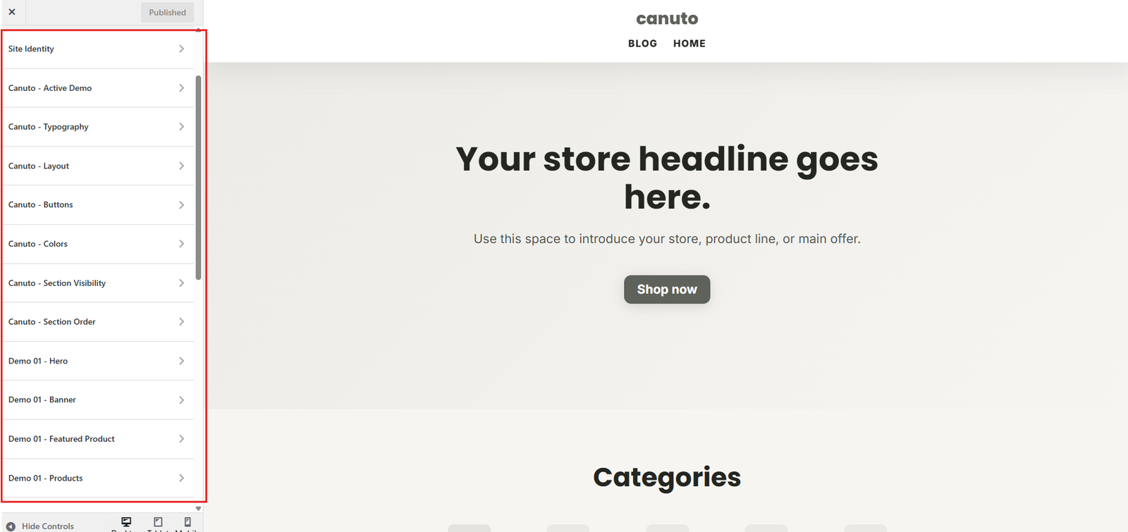 Canuto Customizer showing the current organized theme sections