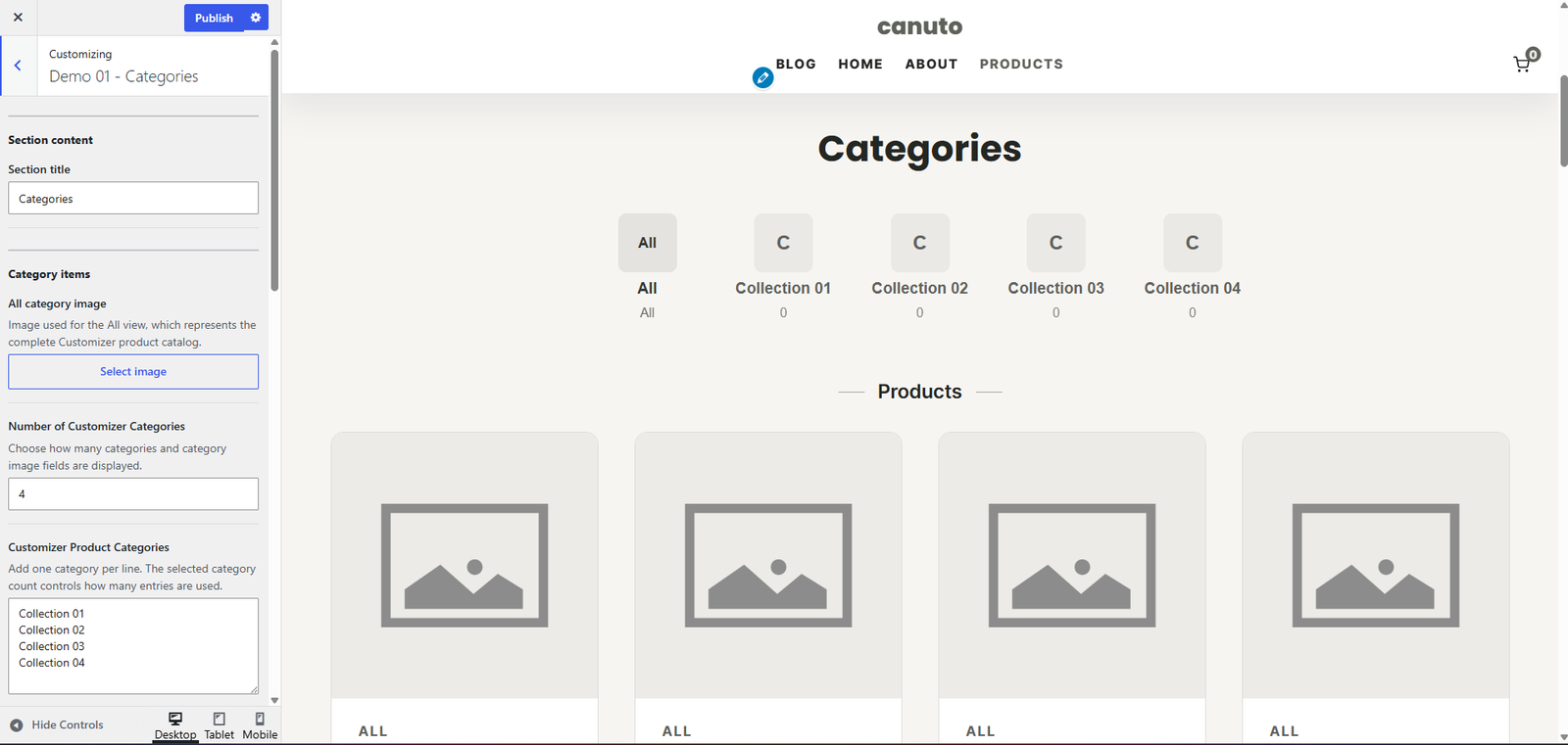 Canuto Customizer Categories section with category count and category names