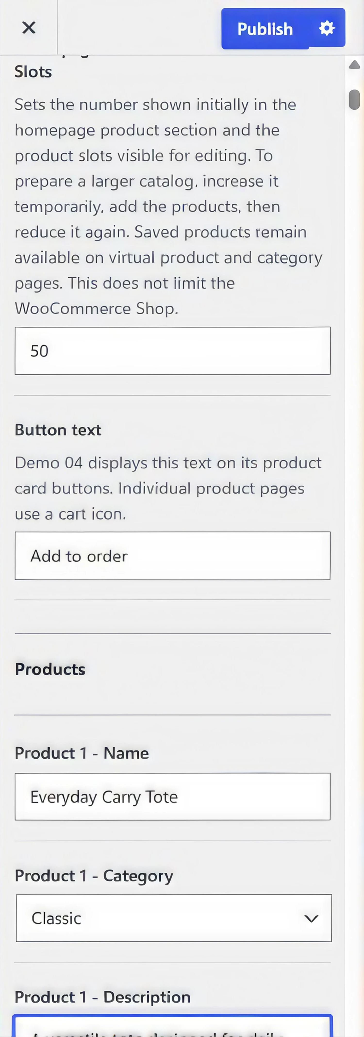 Canuto Customizer product slot with its principal product fields