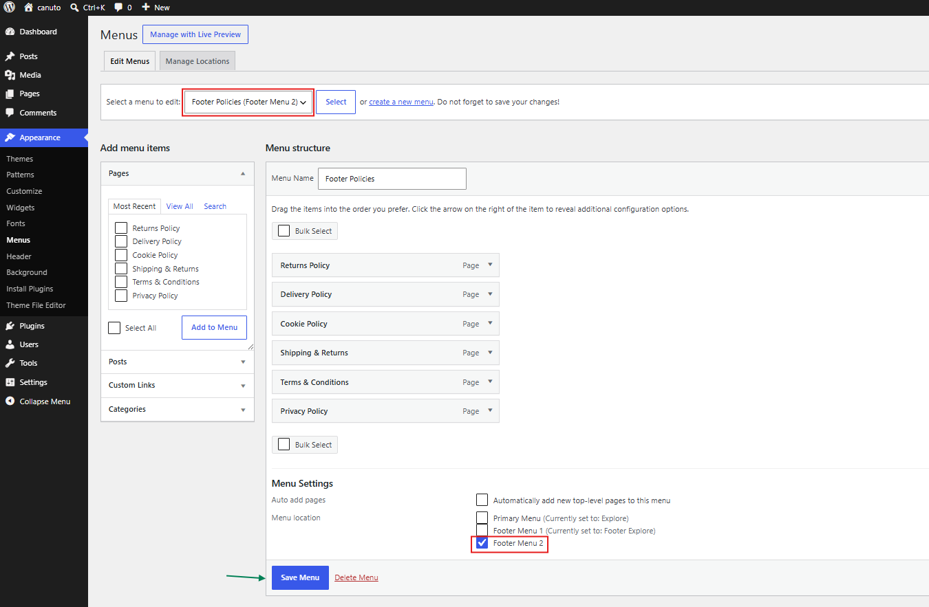 WordPress Menus screen showing the Footer Policies menu and its legal links