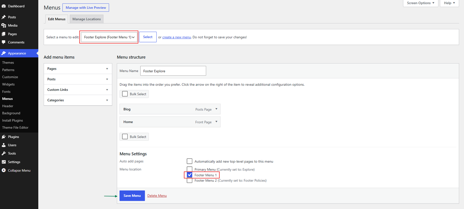 WordPress Menus screen showing the Footer Explore menu and its items