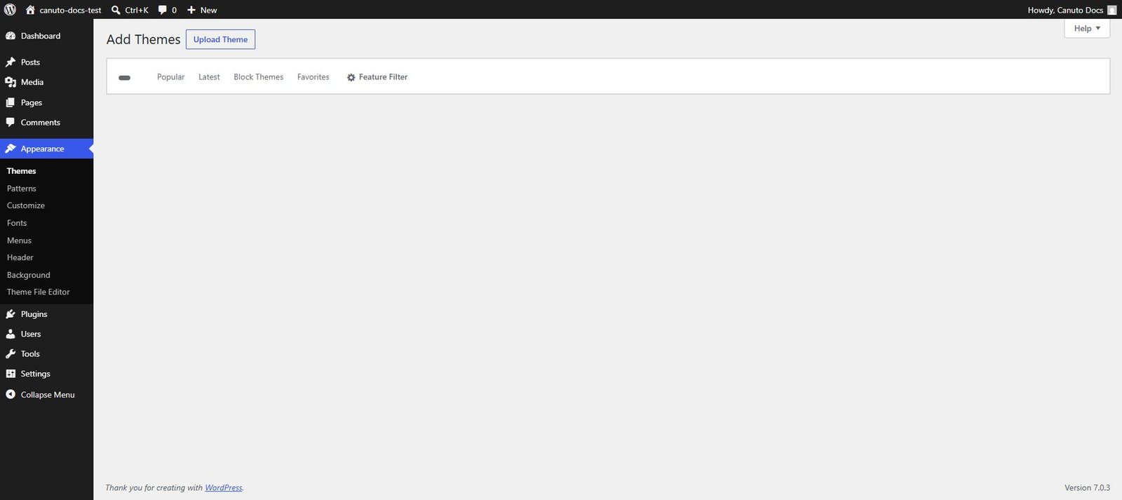 WordPress Add Themes screen with the Upload Theme button