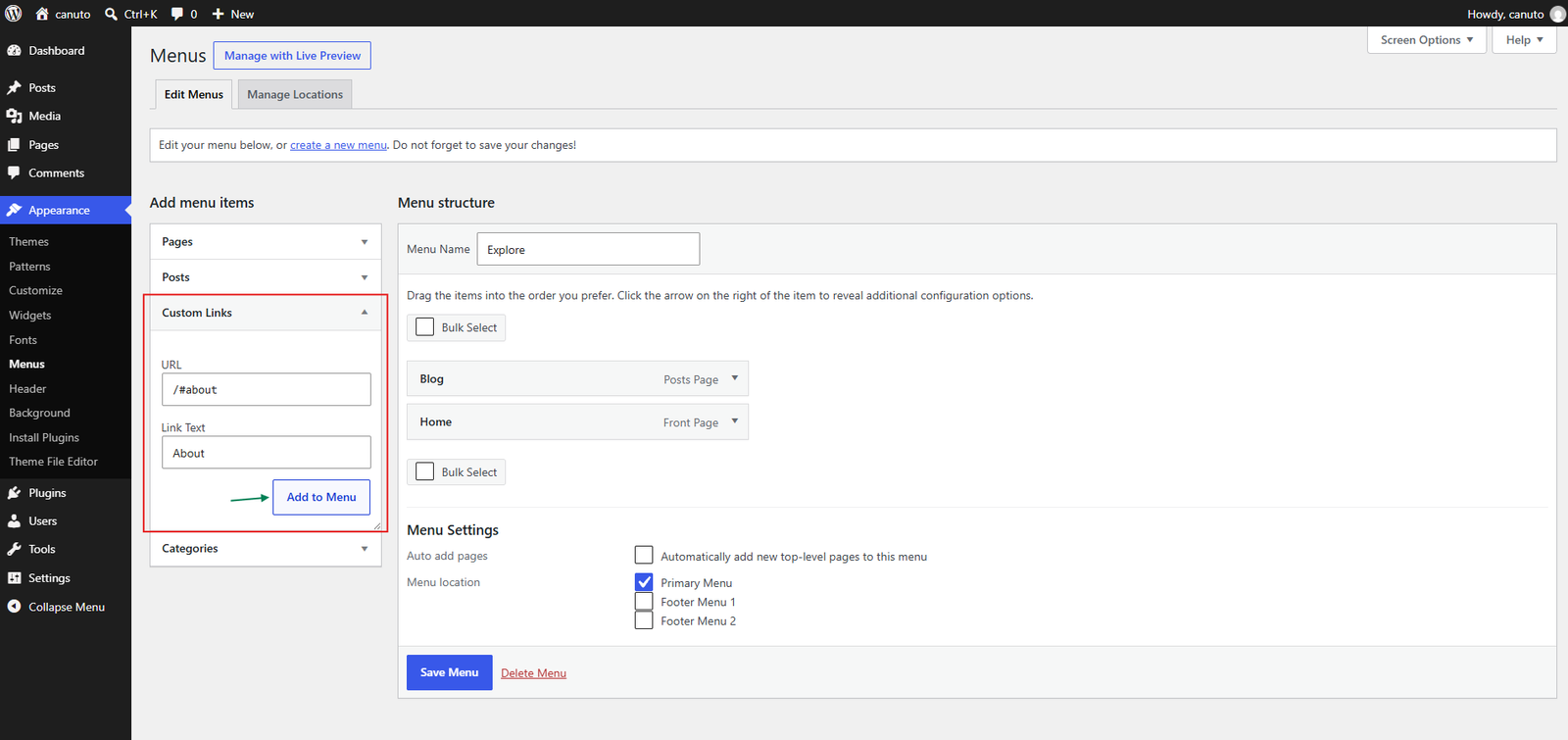 WordPress Menus Custom Links panel with an About homepage anchor