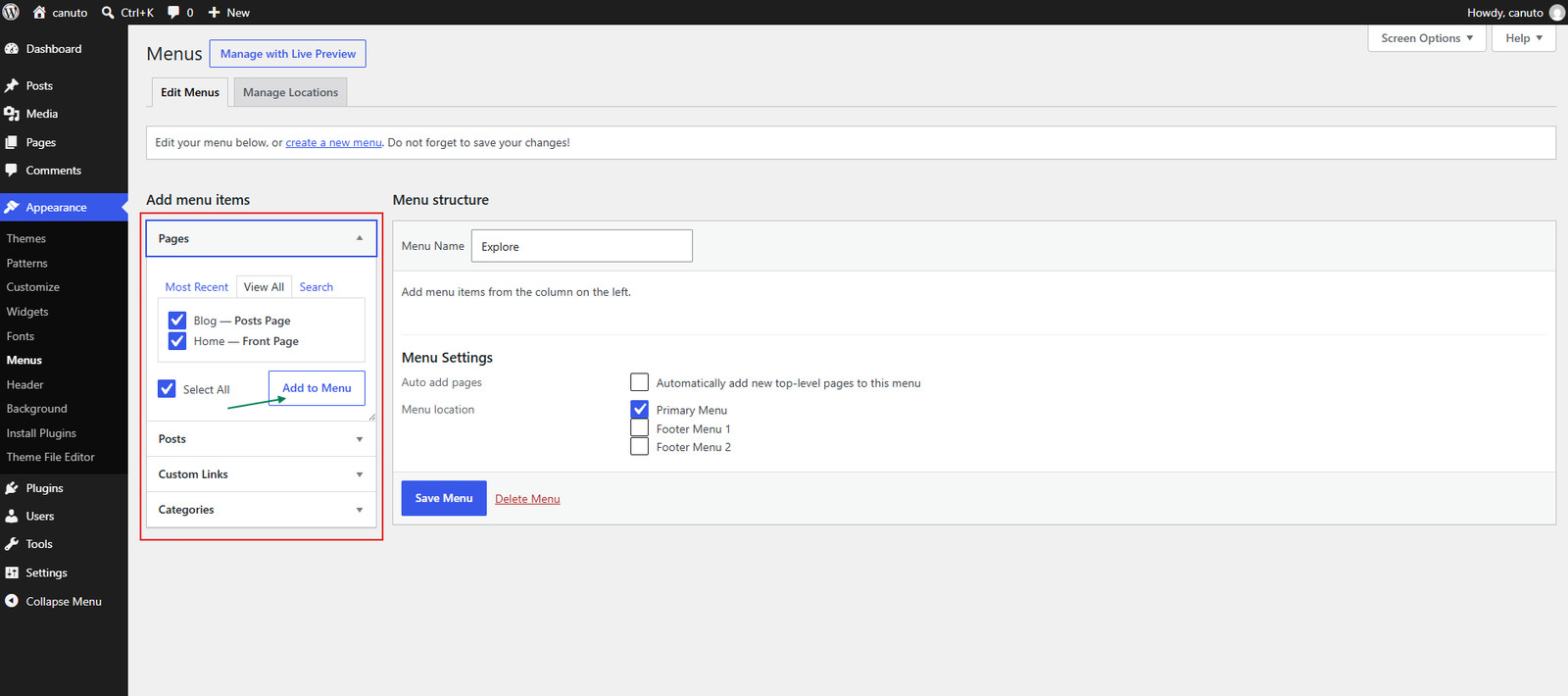 WordPress Menus screen with Home and Blog selected for addition