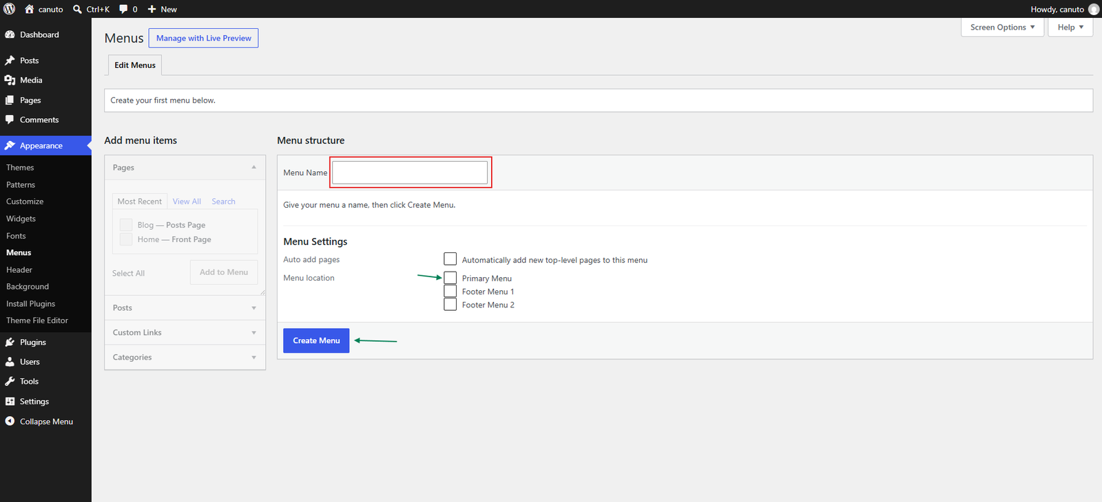 WordPress Menus screen for naming and creating the first menu