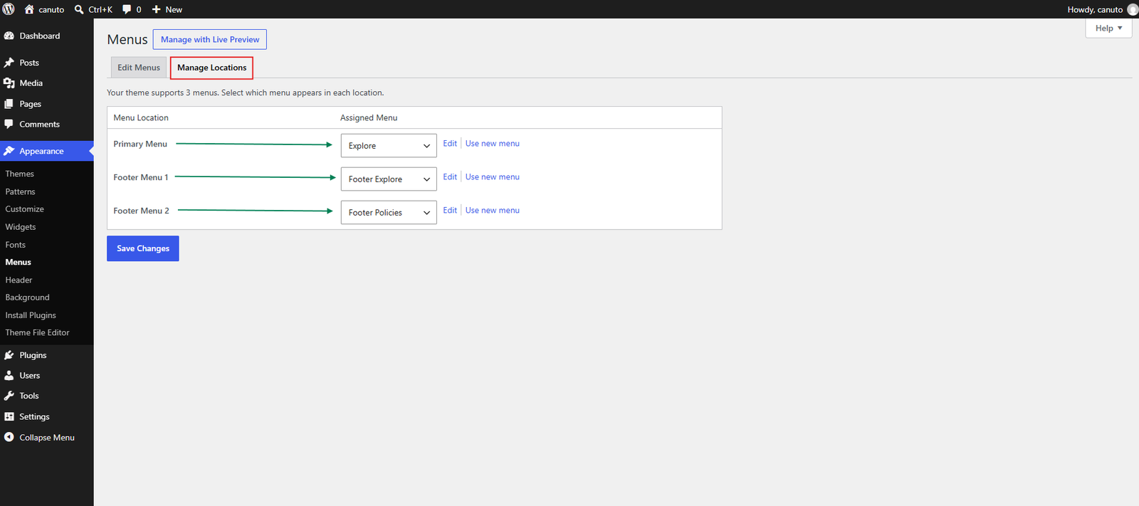 WordPress Manage Locations screen showing Primary Menu, Footer Menu 1, and Footer Menu 2