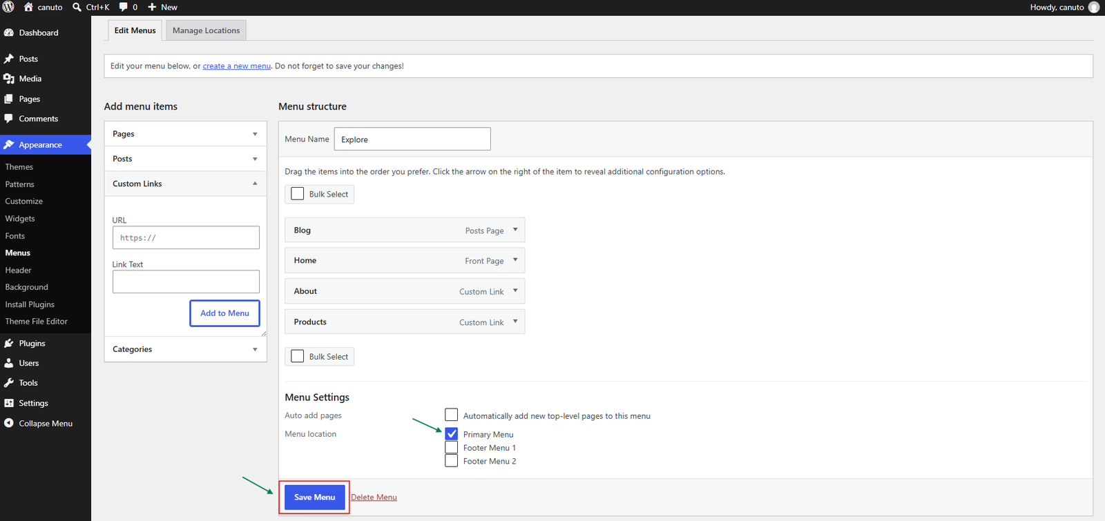 WordPress Menus screen with Primary Menu selected and Save Menu highlighted