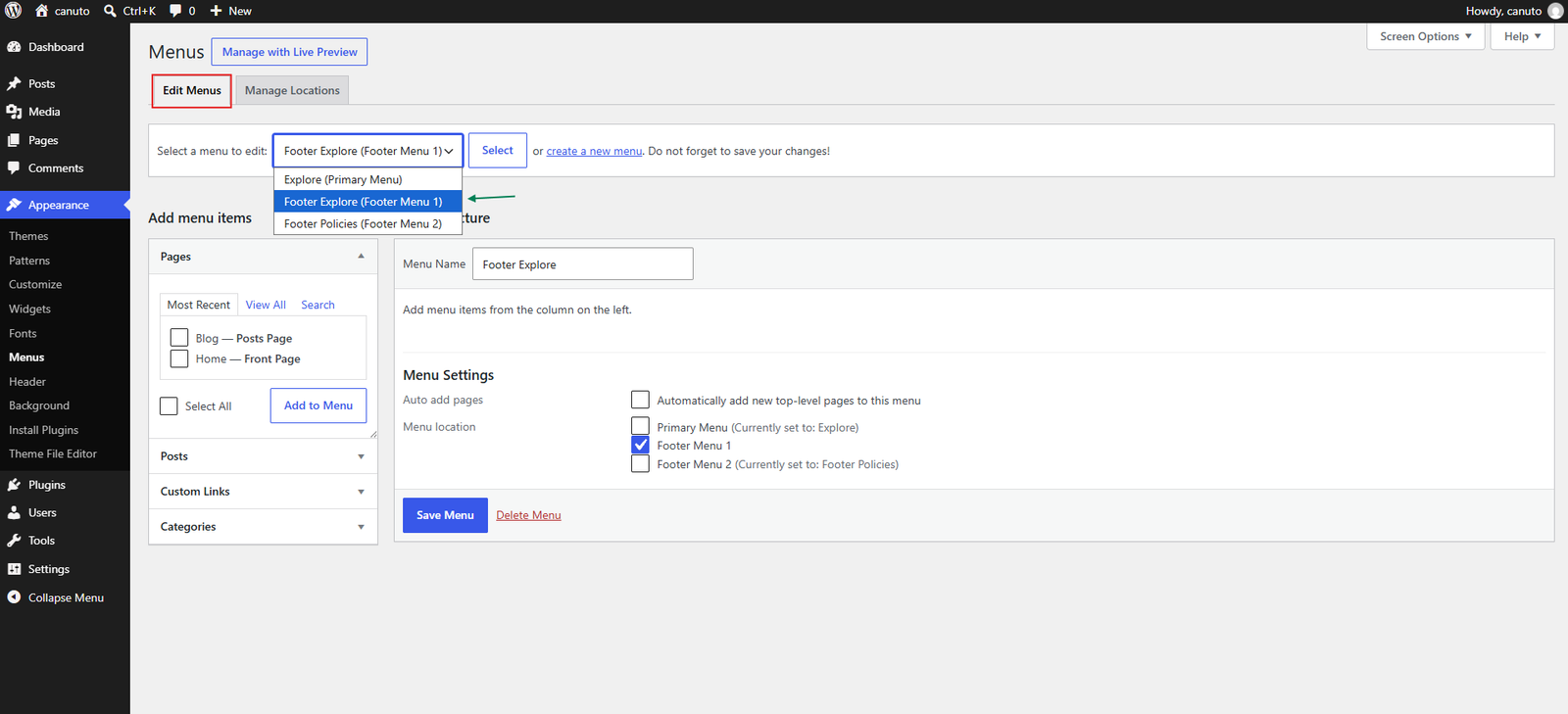 WordPress Menus selector showing Primary and Footer menus