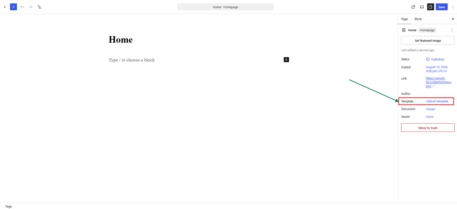 WordPress Home page using the Default template