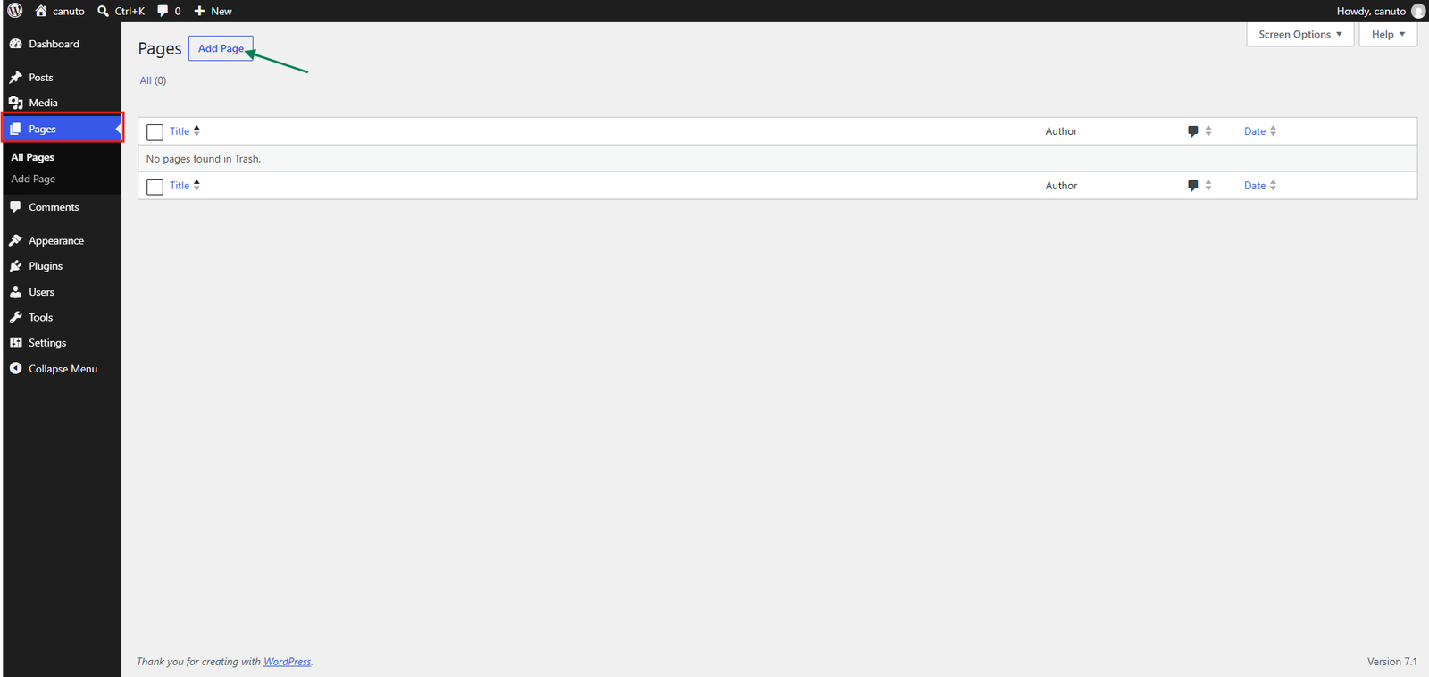 WordPress Pages screen with the Add Page button highlighted