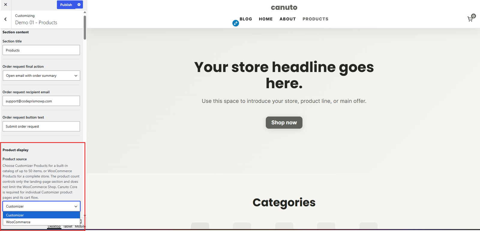 Canuto Product source selector showing Customizer and WooCommerce options