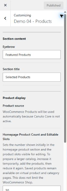 Canuto message explaining that WooCommerce Products are used automatically