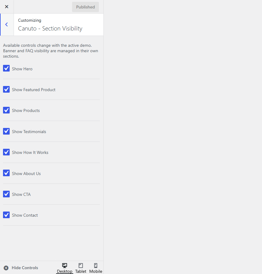 Canuto Section Visibility controls for the active Demo 01 sections