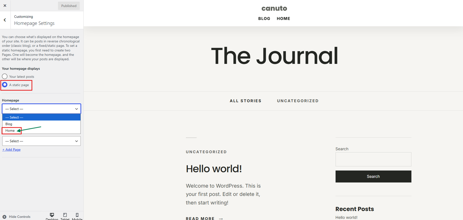 WordPress Customizer Homepage Settings with a static page and Home selected