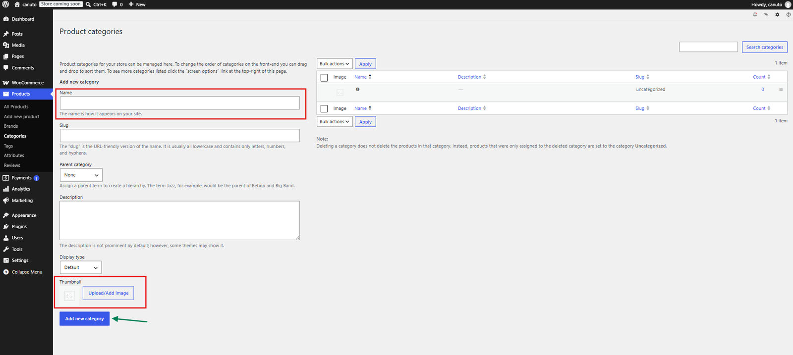 WooCommerce Product categories screen with name, thumbnail, and Add new category highlighted