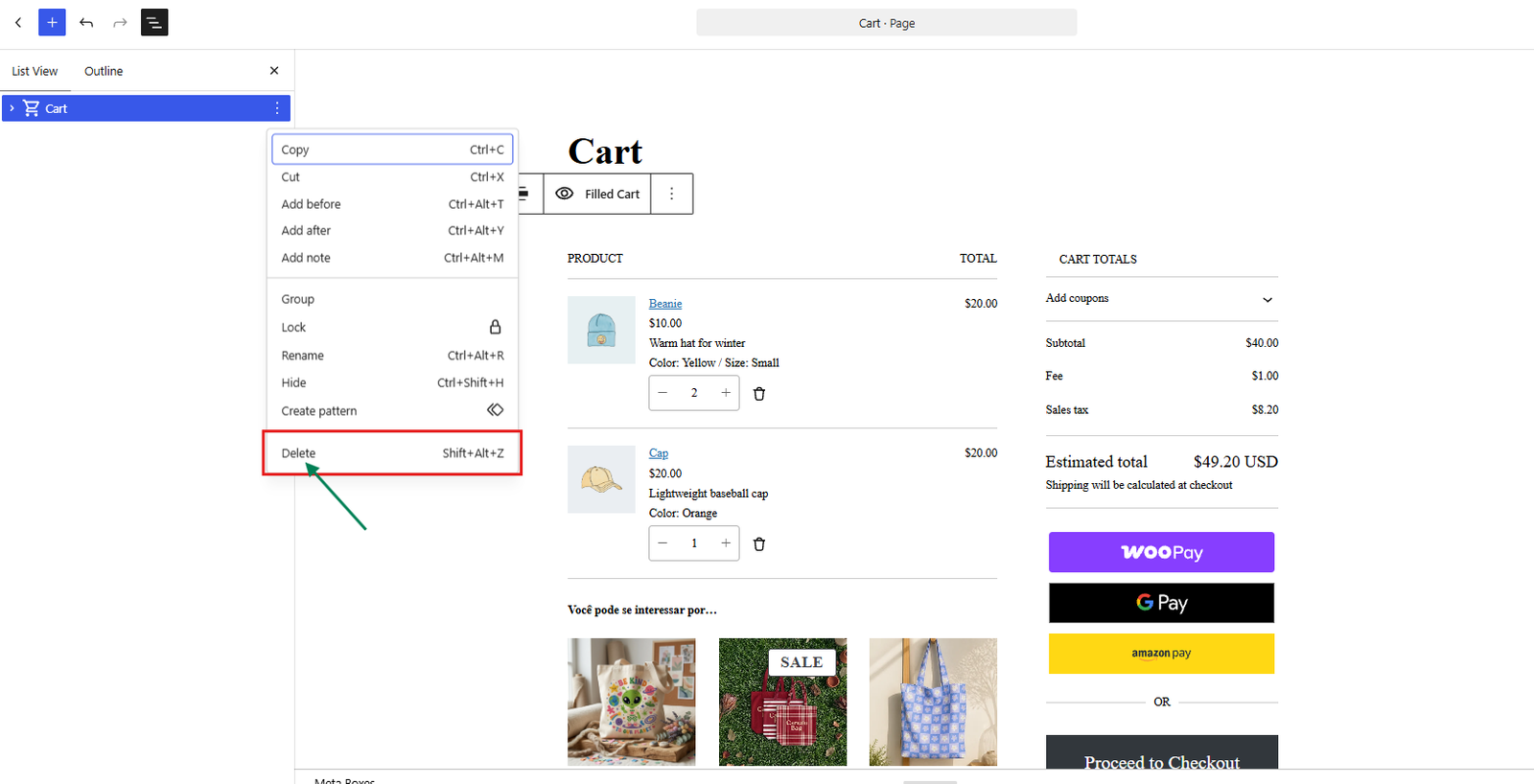 Delete option for the parent WooCommerce Cart block