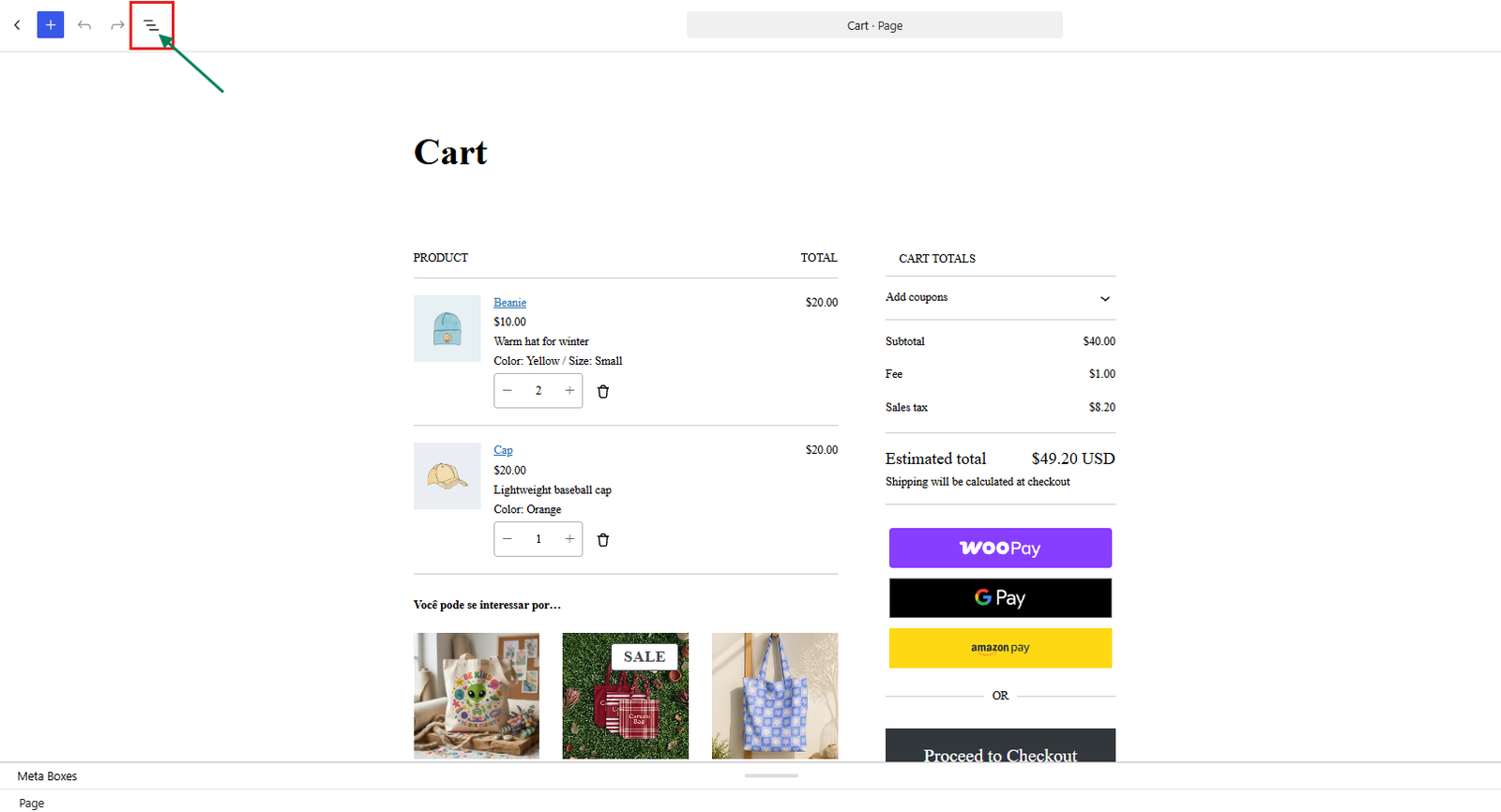 WordPress editor List View button for the Cart page