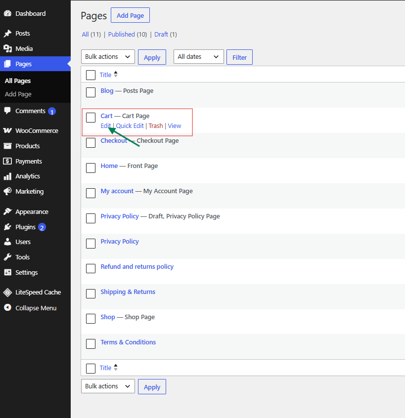 WordPress Pages screen showing the WooCommerce Cart page