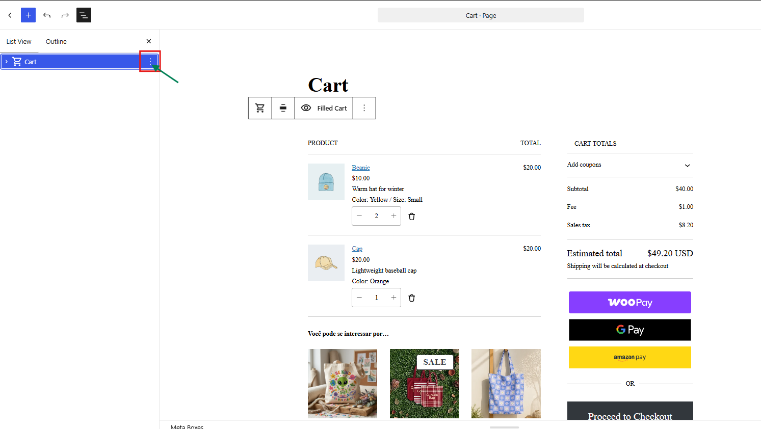 Parent WooCommerce Cart block selected in List View
