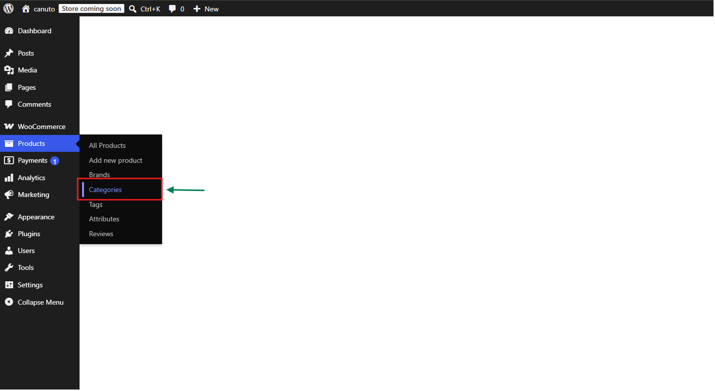 WooCommerce Products menu with Categories highlighted