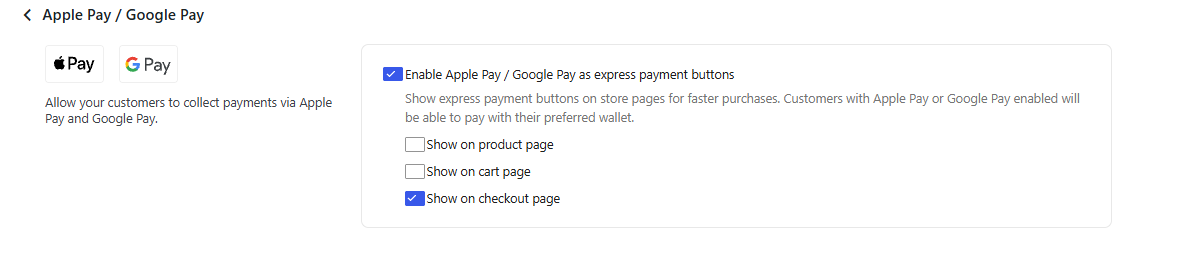 Express Checkout placement options for Product page, Cart and Checkout