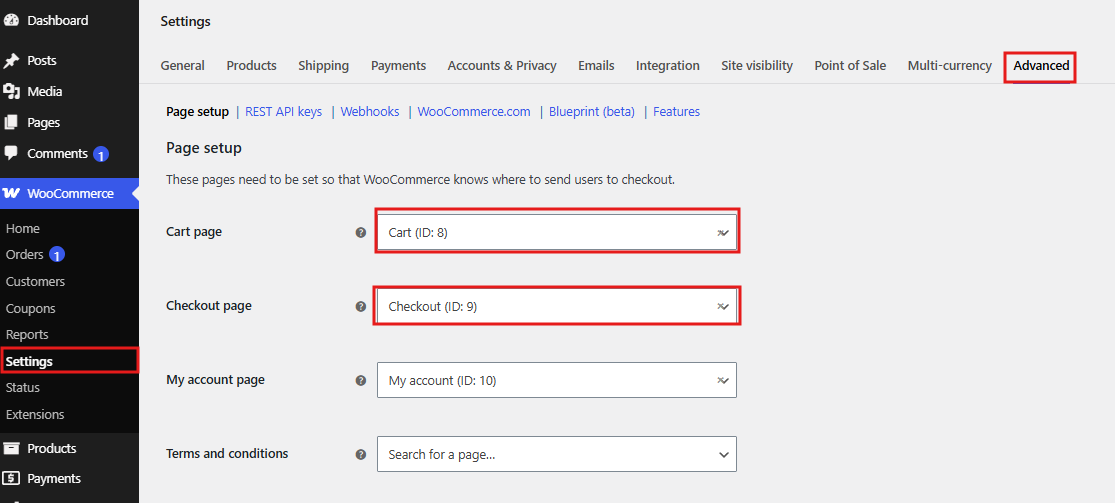 WooCommerce Advanced settings with Cart and Checkout pages assigned