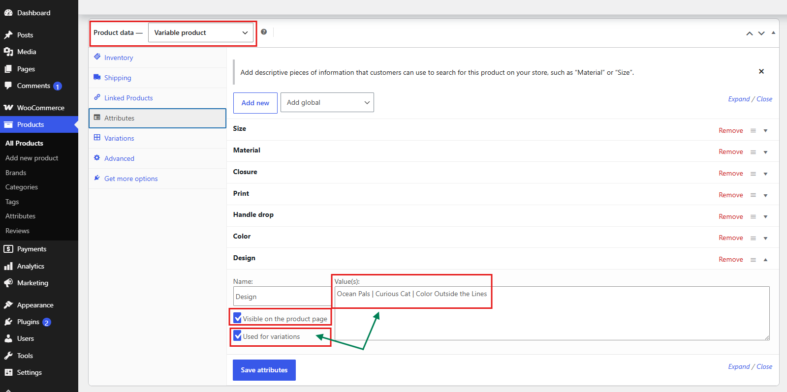 WooCommerce variable product Attributes tab with Design values and visibility and variation options highlighted