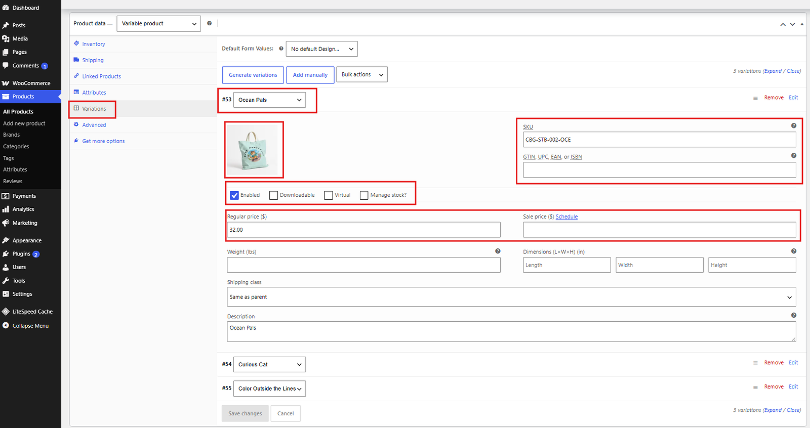 Expanded WooCommerce Ocean Pals variation with image, SKU, enabled option, price, and other fields highlighted