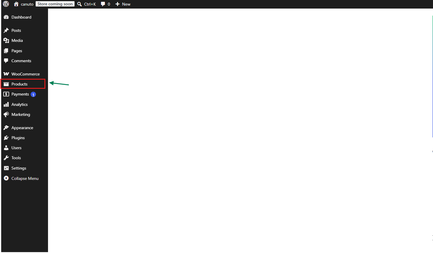 WordPress administration menu with Products highlighted