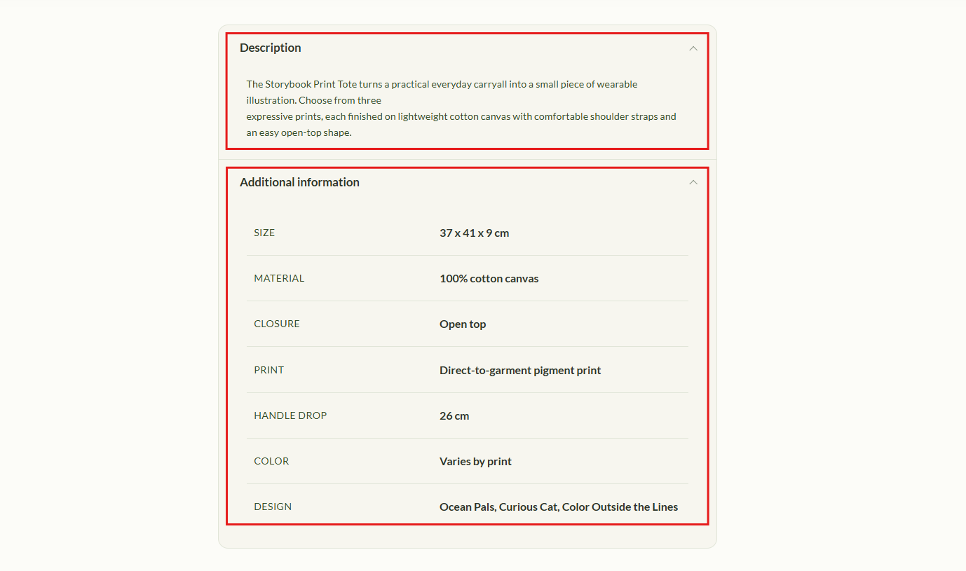 Canuto variable product Description and Additional Information accordions with visible product specifications