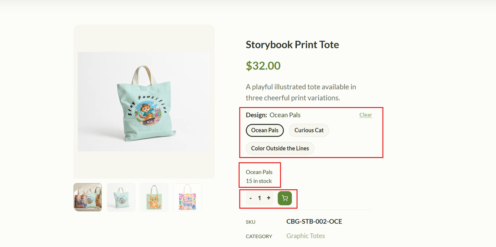 Canuto variable product page with Design choices, selected stock, quantity, Add to Cart, SKU, and category highlighted