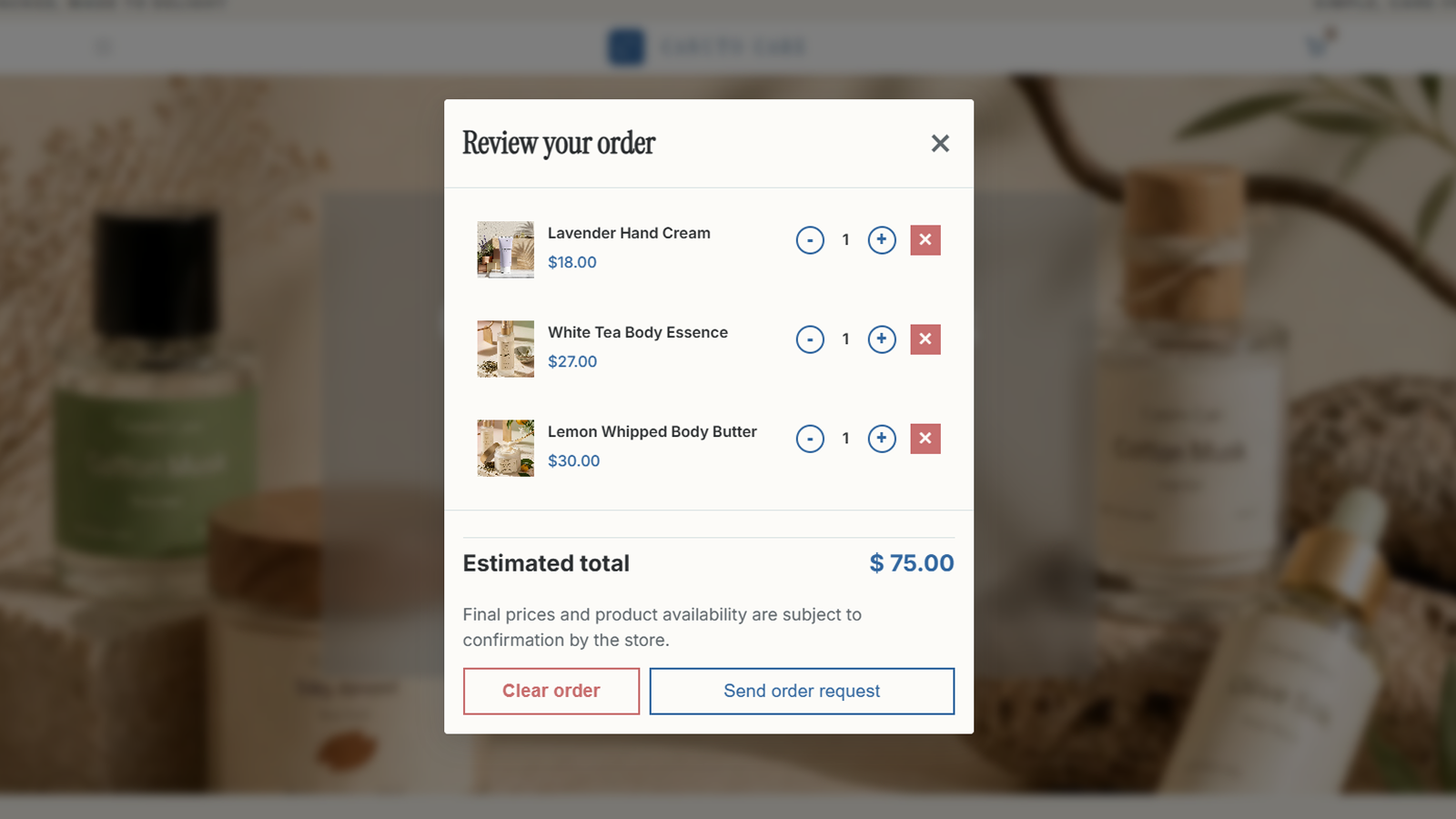 Canuto catalog request cart order review