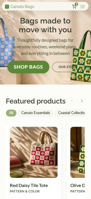 Canuto responsive bags storefront on mobile