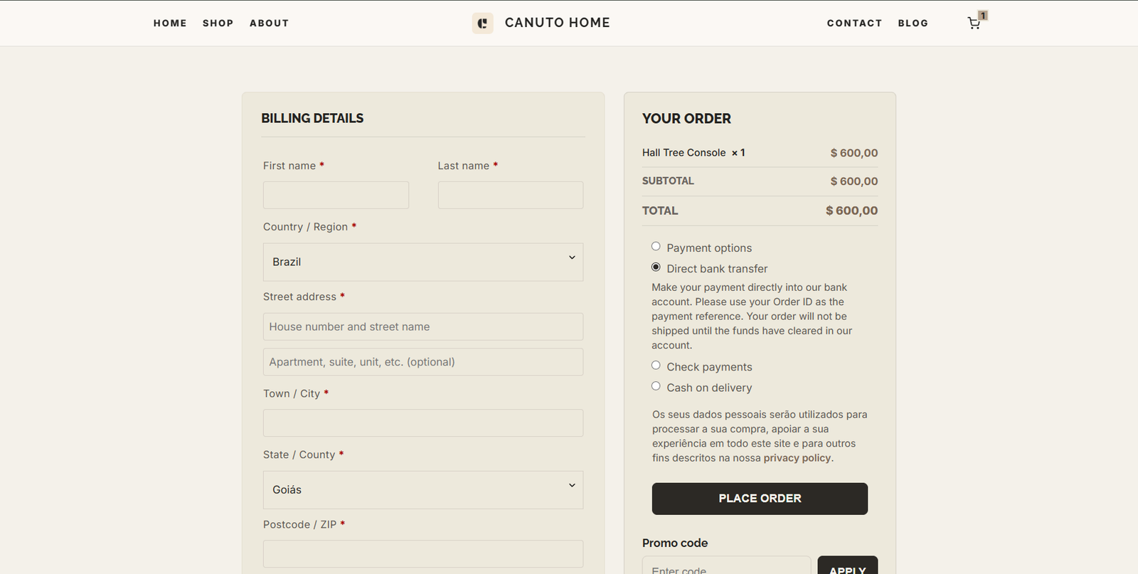 Canuto WooCommerce checkout page
